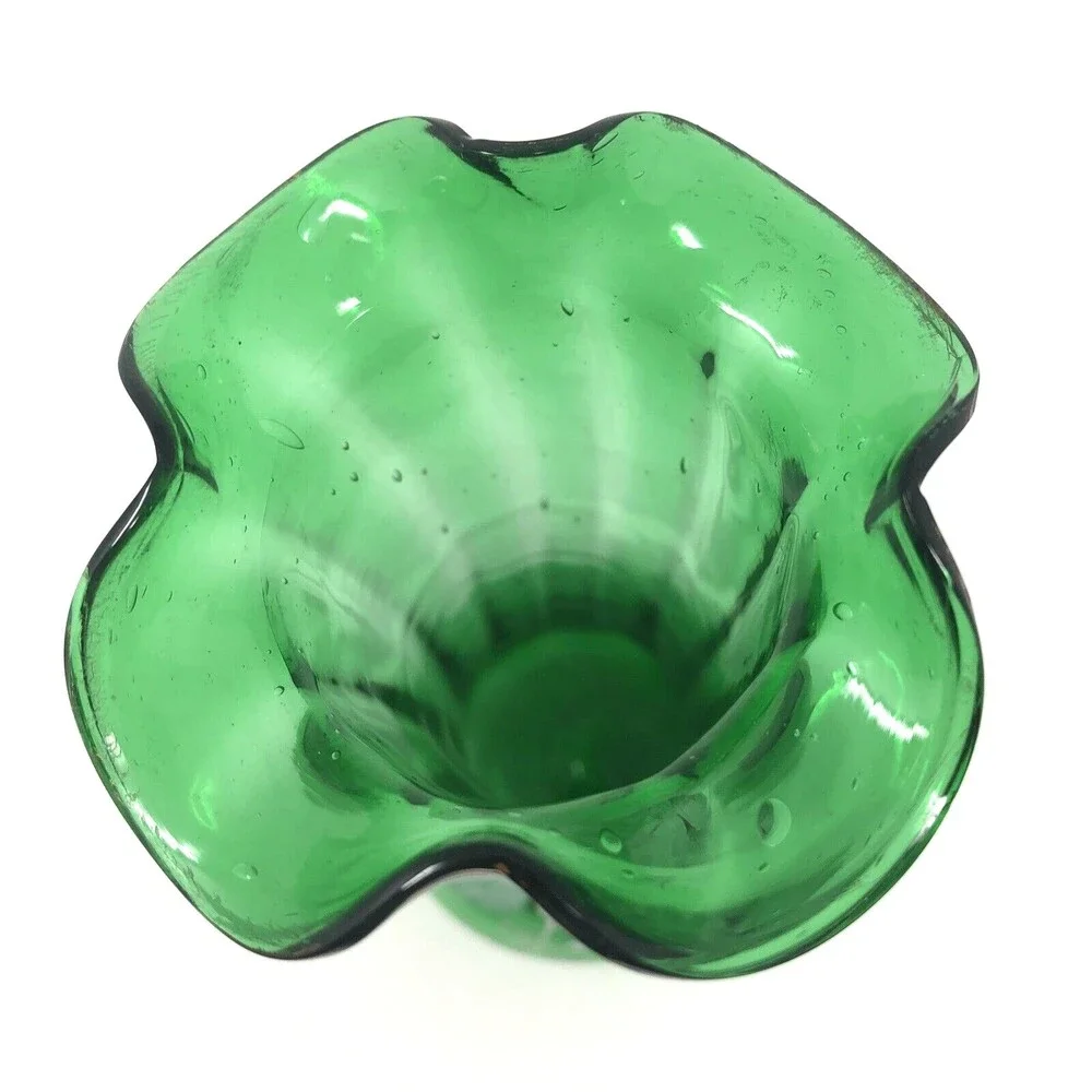 Bohemian Hand Enameled Ruffle Top Vase VTG Hand Blown Paintet Emerald Snow Glass